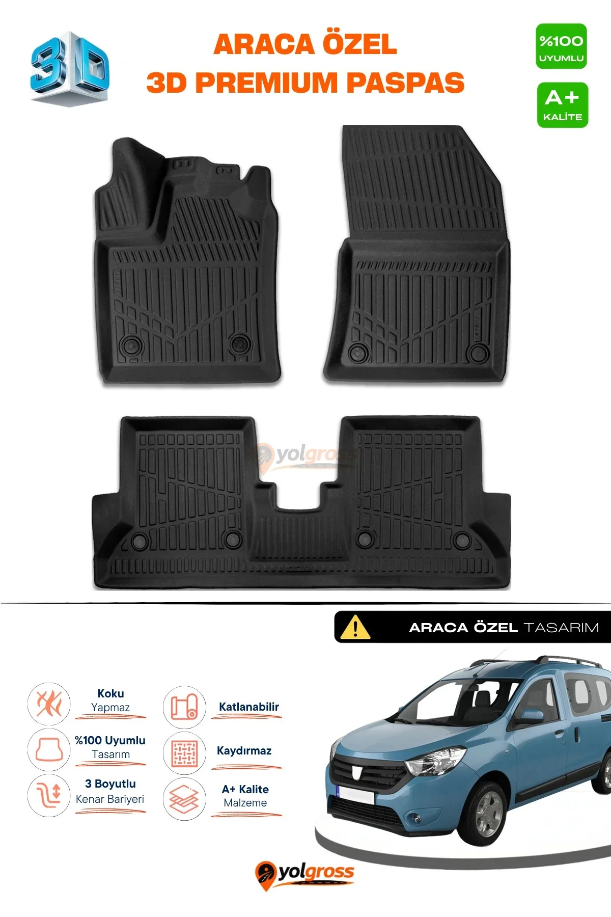 Dacia Dokker 3D Pro Havuzlu Paspas 2012 Üzeri A+ Kalite Dacia Dokker 3D Pro Havuzlu Paspas 2012 Üzeri A+ Kalite