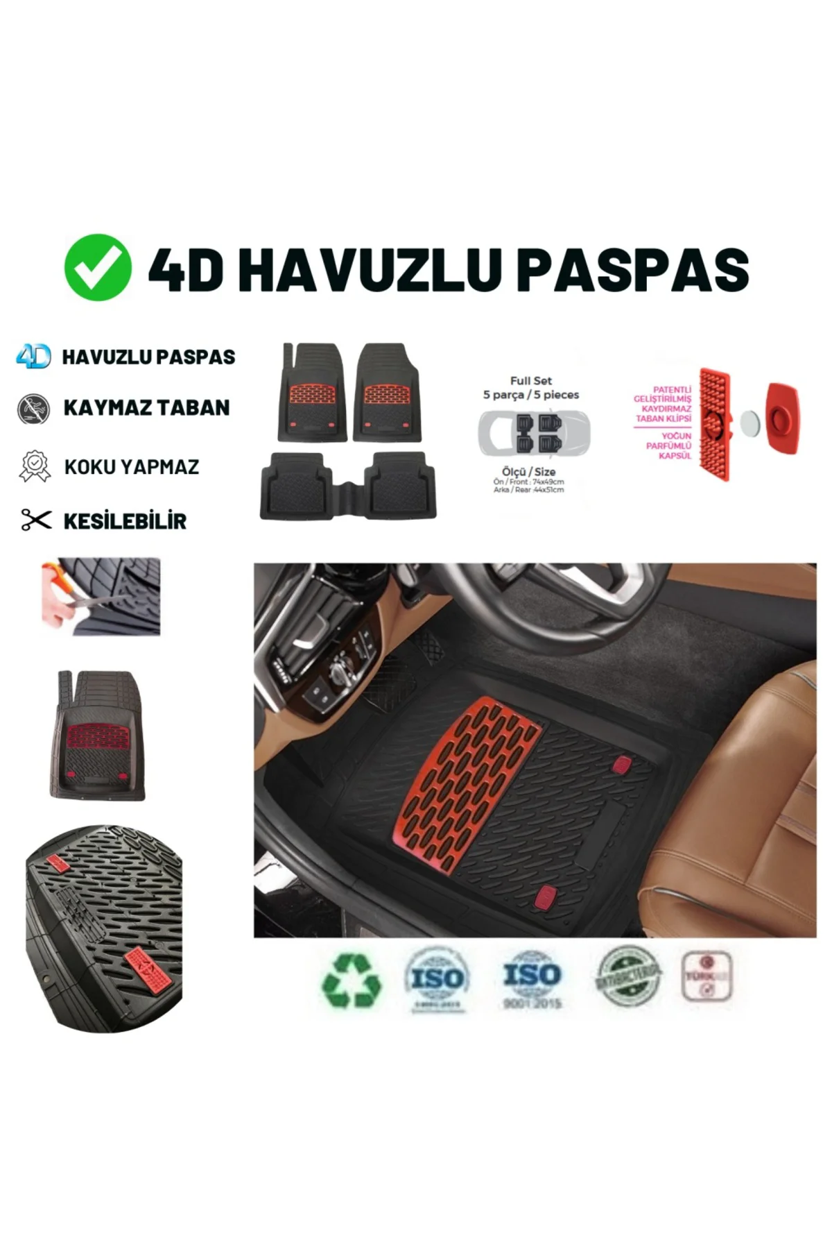 Dacia Dokker Uyumlu Derin Havuzlu Üniversal Pro Paspas Siyah - Kırmızı