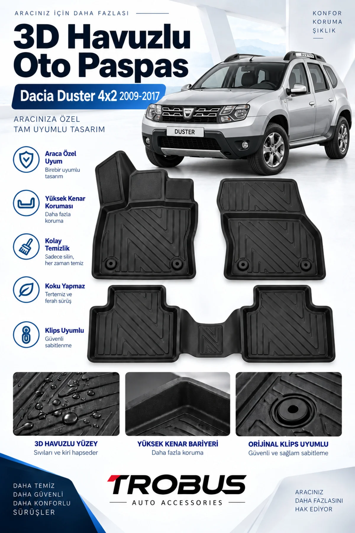 Dacia Duster 4x2 2010-2017 Karbon Desenli Premium 3D Havuzlu Oto Paspas Dacia Duster 4x2 2010-2017 Karbon Desenli Premium 3D Havuzlu Oto Paspas
