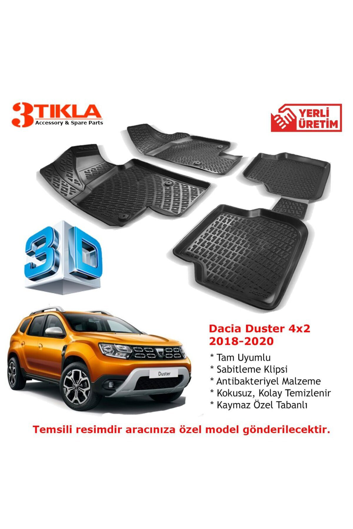 Dacia Duster 4x2 2018-2020 Premium 3D Havuzlu Paspas Seti