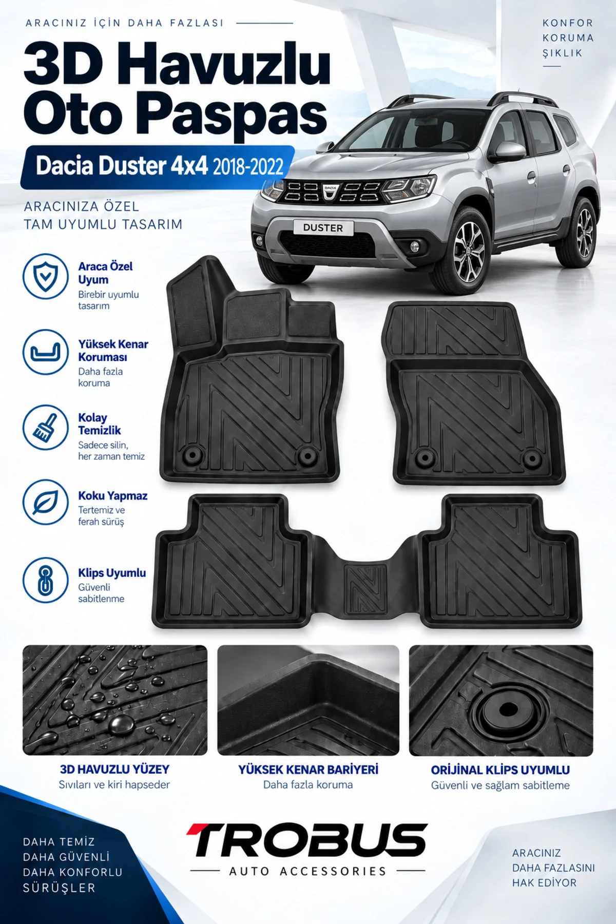 Dacia Duster 4x4 2018-2022 Karbon Desenli Premium 3D Havuzlu Oto Paspas