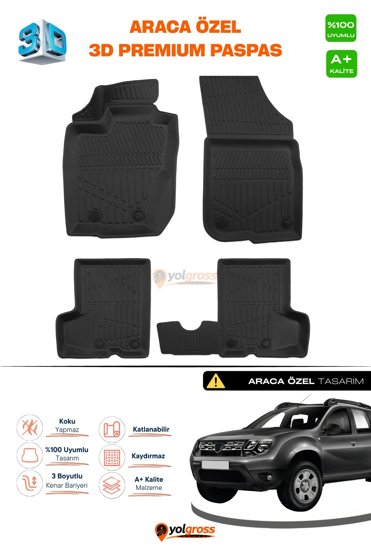 Dacia Duster 4x4 3D Pro Havuzlu Paspas 2013-2018 A+ Kalite