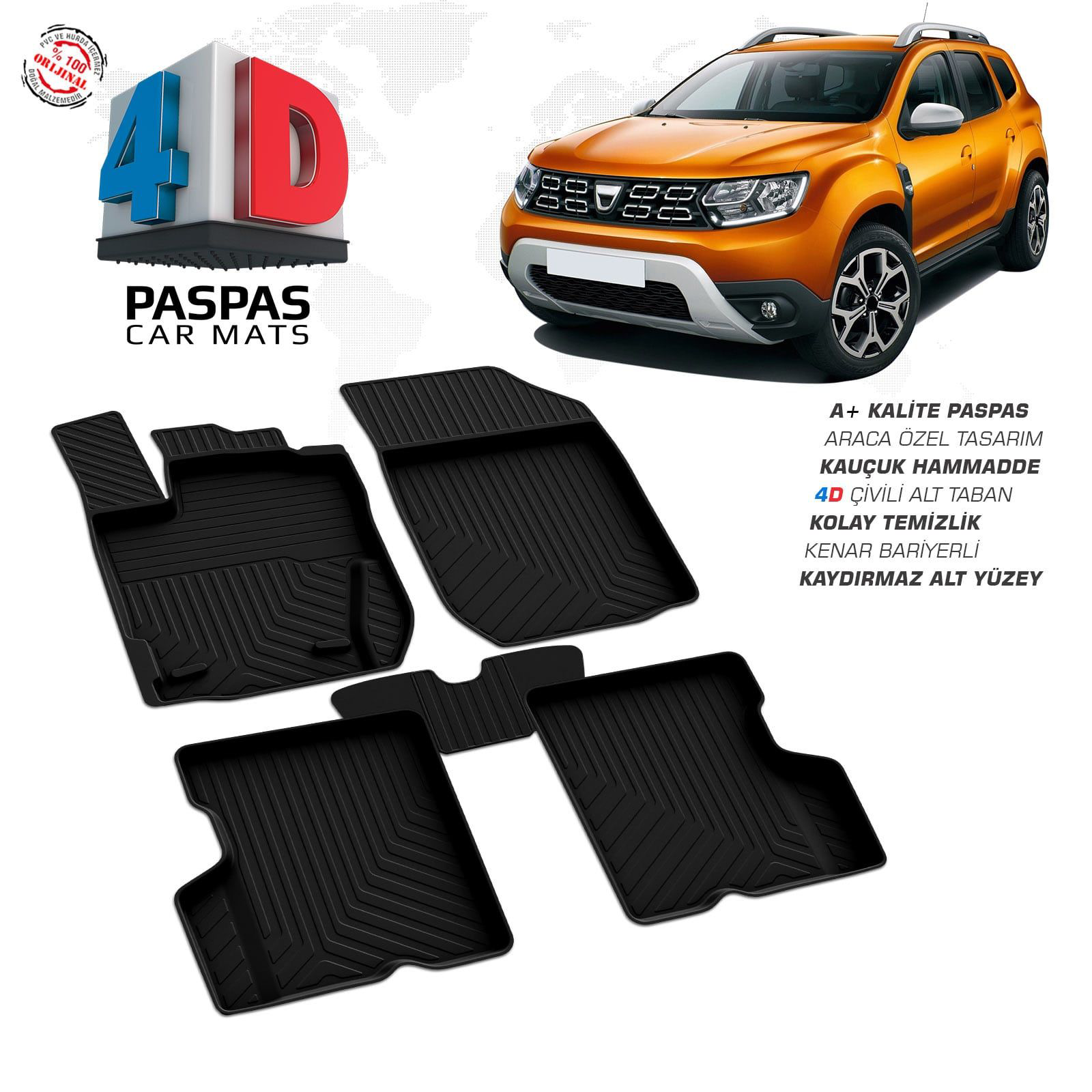 Dacia Duster 4X2 4D Araca Özel Havuzlu Kauçuk Paspas 2018 ve Üzer