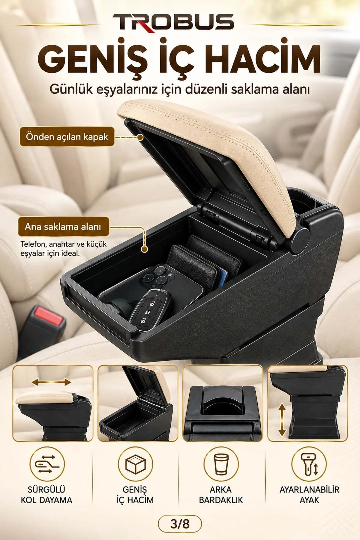 Dacia Jogger 2022-2026 Uyumlu Ayarlanabilir Ayaklı Kolçak Kol Dayama Bardaklıklı Bej Siyah - Görsel 3