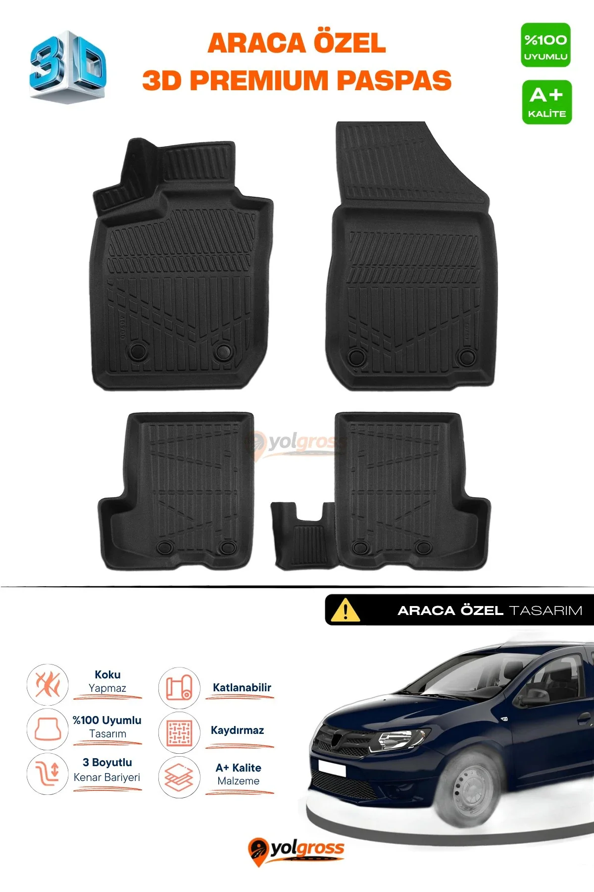 Dacia Logan 2 Sedan EU 3D Pro Havuzlu Paspas 2013-2021 A+ Kalite