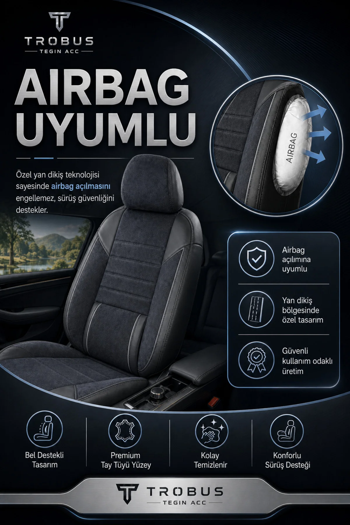 Dacia Logan 2004+ Uyumlu Nova Serisi Tay Tüyü Bel Destekli Füme Siyah Premium Koltuk Kılıfı