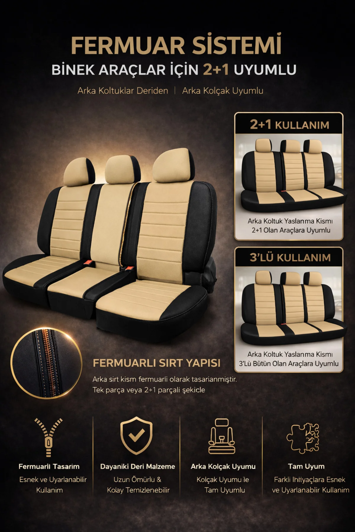 Dacia Logan 2004 ve Sonrası Uyumlu Colorline Elegance Deri Bej Siyah Koltuk Kılıfı