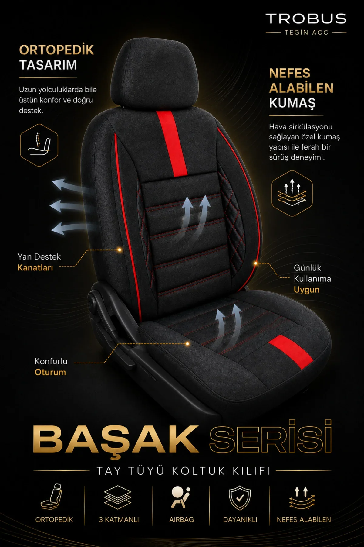 Dacia Logan 2007-2012 Uyumlu Başak Serisi Tay Tüyü 2+1 Ticari Siyah Kırmızı Oto Koltuk Kılıfı - Görsel 6
