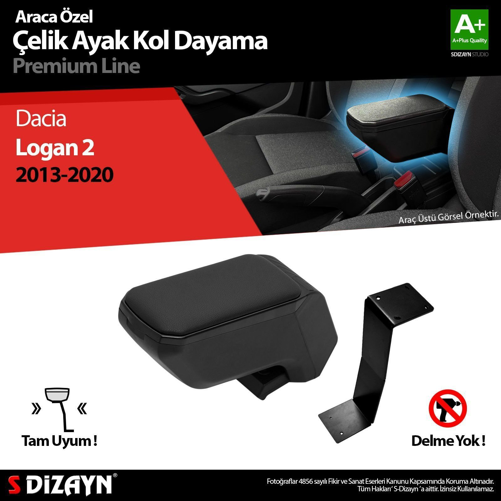 Dacia Logan Uyumlu Kol Dayama Kolçak Çelik Ayaklı ABS Siyah 2013-