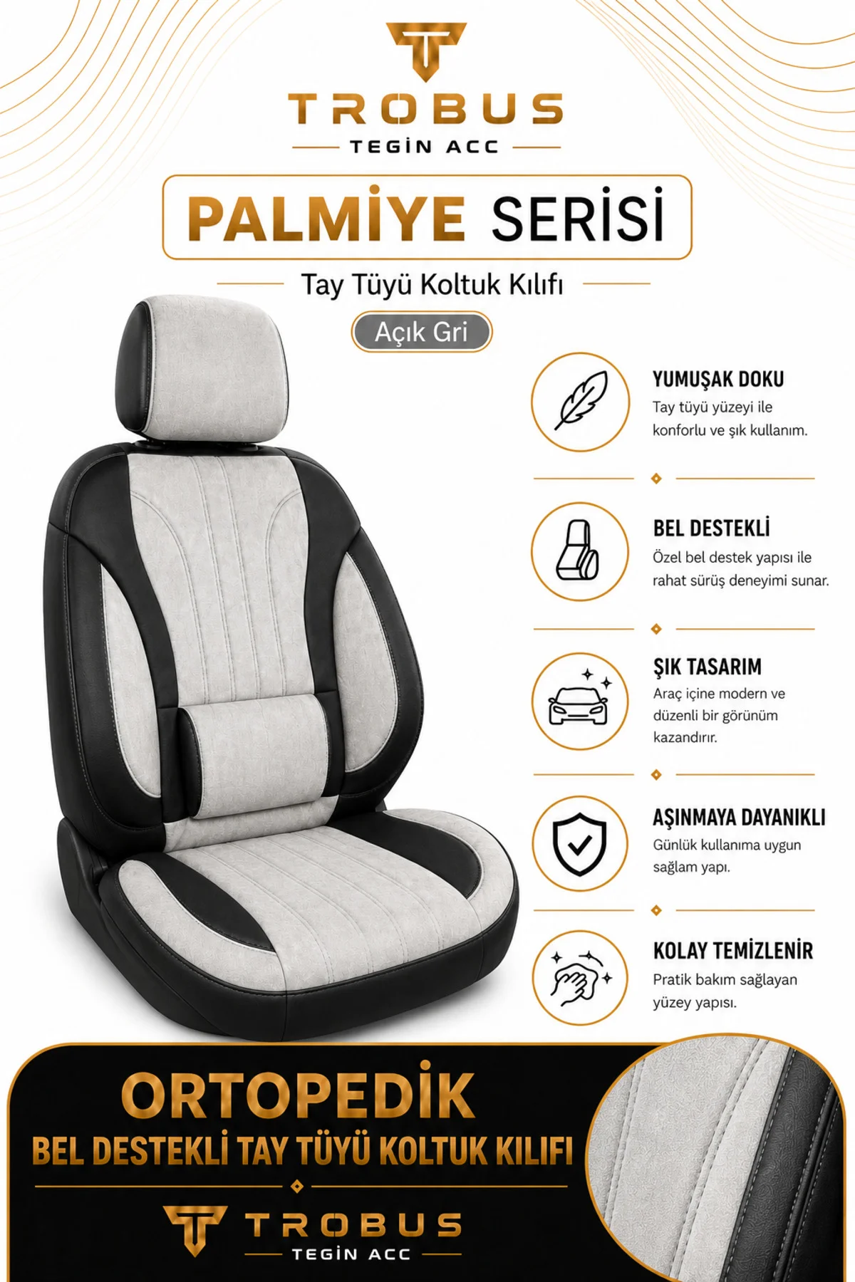 Dacia Sandero 2008 Sonrası Uyumlu Palmiye Serisi Gri Siyah Bel Destekli Tay Tüyü Koltuk Kılıfı Fiyatı, Yorumları ve Özellikleri