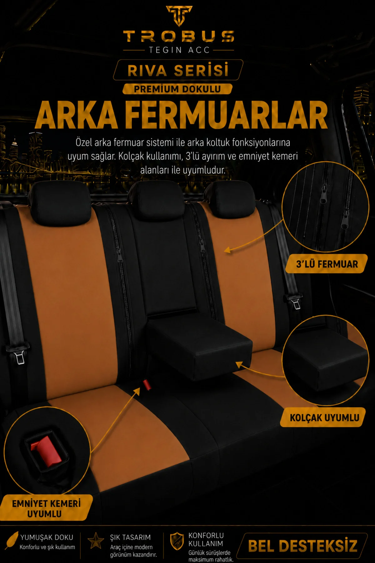 Dacia Sandero 2008+ Uyumlu Riva Serisi Tay Tüyü Otropedik Açık Taba Siyah Premium Koltuk Kılıfı