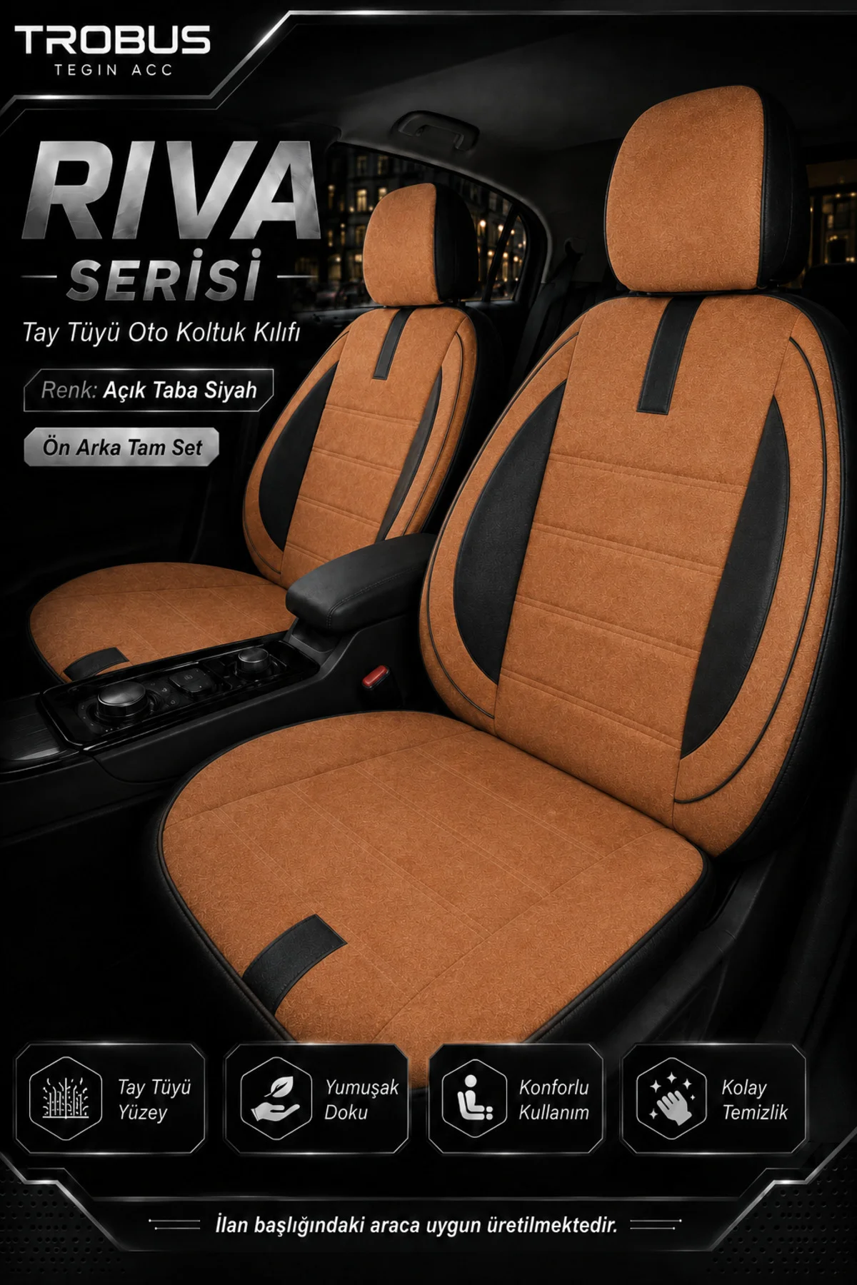Dacia Sandero 2008+ Uyumlu Riva Serisi Tay Tüyü Otropedik Açık Taba Siyah Premium Koltuk Kılıfı