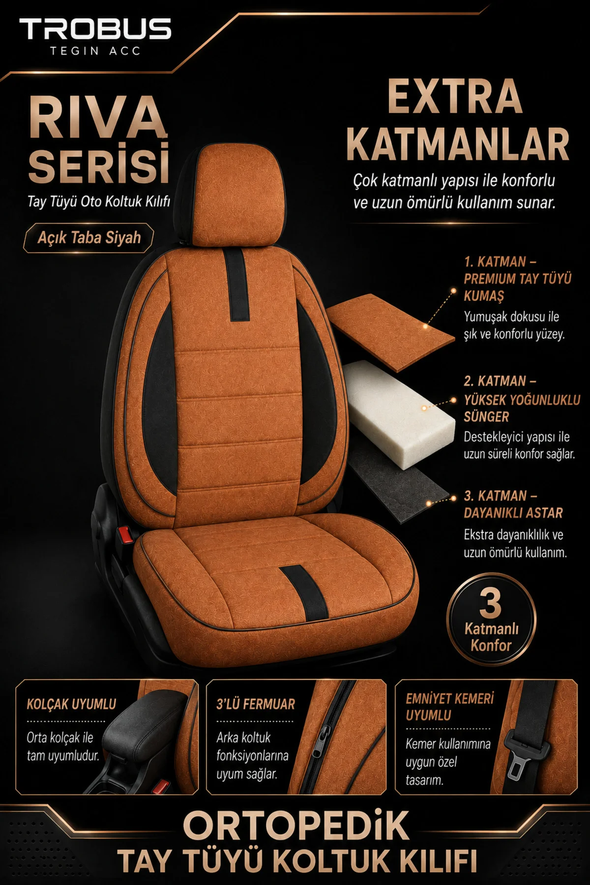 Dacia Sandero 2008+ Uyumlu Riva Serisi Tay Tüyü Otropedik Açık Taba Siyah Premium Koltuk Kılıfı