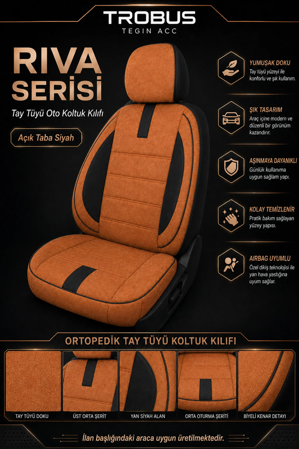 Dacia Sandero 2008+ Uyumlu Riva Serisi Tay Tüyü Otropedik Açık Taba Siyah Premium Koltuk Kılıfı