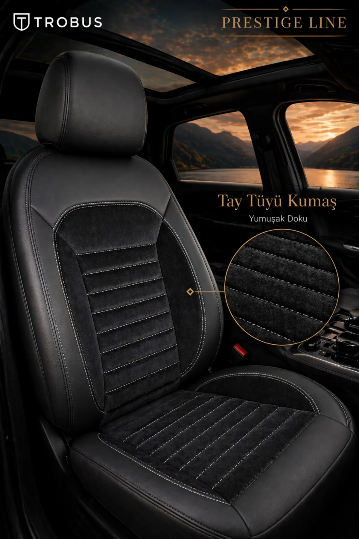 Dacia Sandero 2008 ve Sonrası Tay Tüyü Deri Detay Koltuk Kılıfı Prestige Line Siyah Beyaz