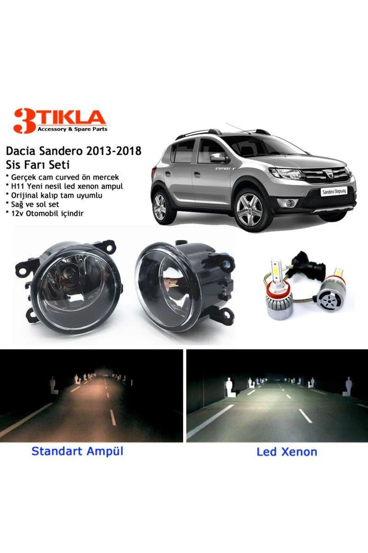 Dacia Sandero 2013-2018 Beyaz Led Xenon Sis Farı Seti