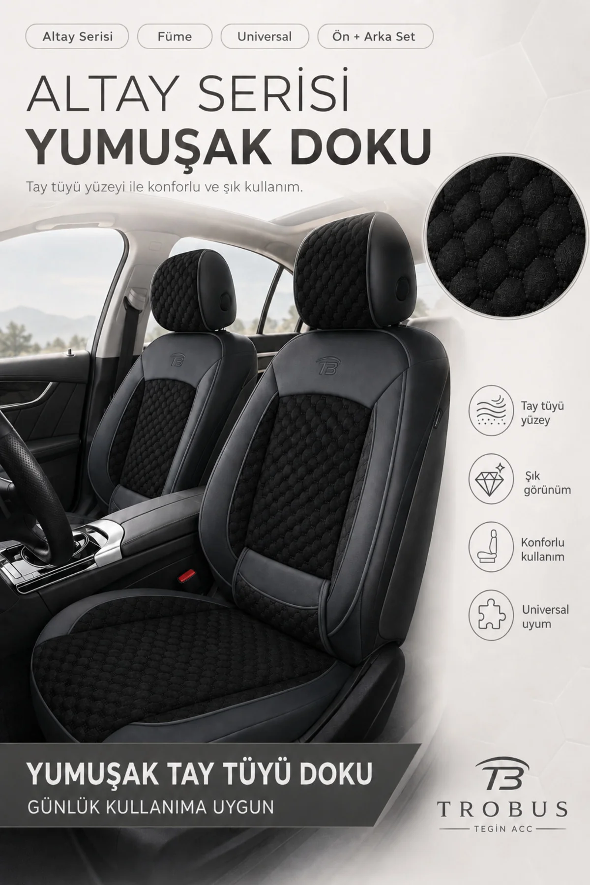 Dacia Sandero ve Stepway 2008 ve Sonrası Uyumlu Altay Bel Destekli Tay Tüyü Siyah Koltuk Kılıfı Fiyatı, Yorumları ve Özellikleri