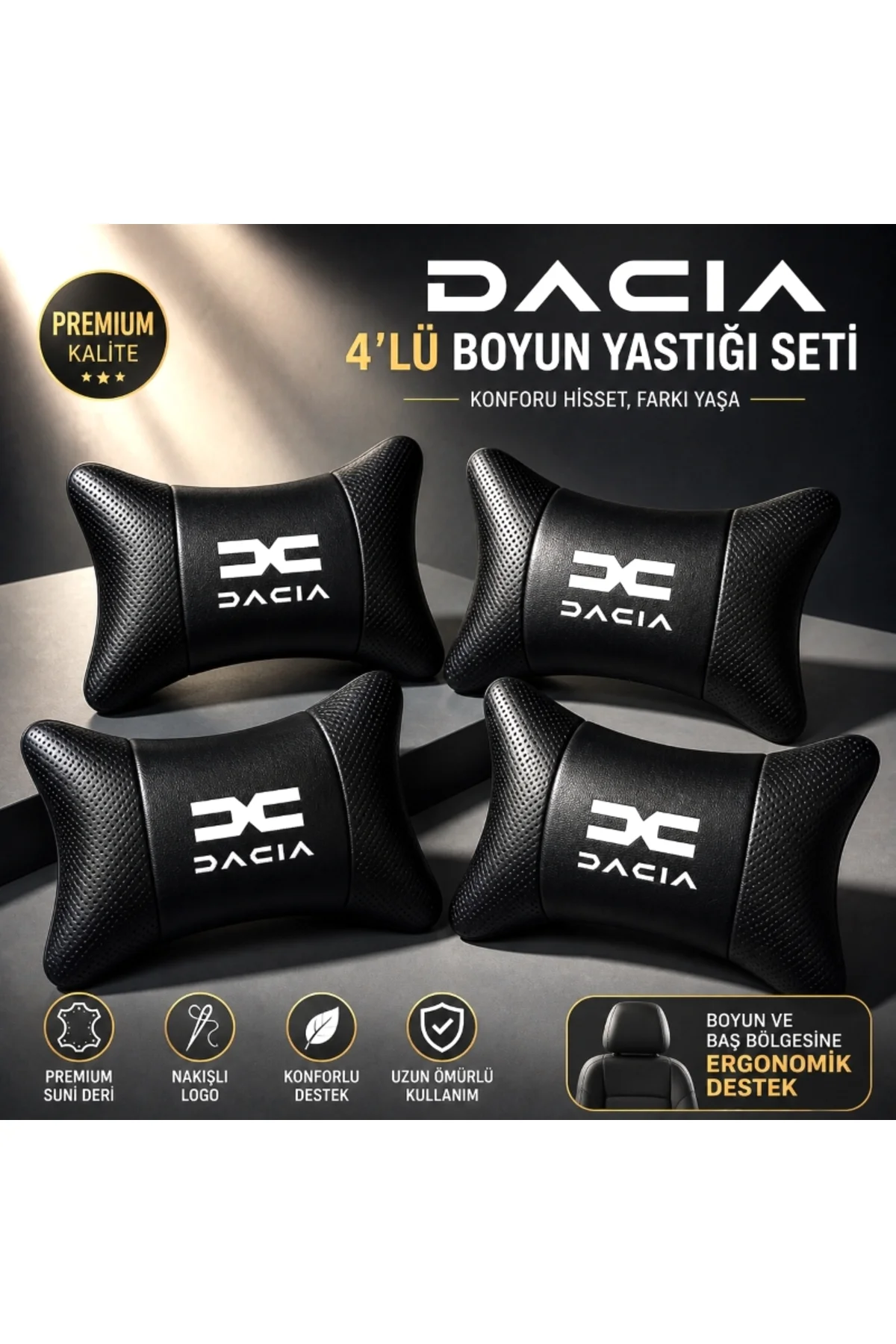 Dacia Yeni Logo Ortopedik Oto Boyun Yastığı 4lü Deri Set - Görsel 2