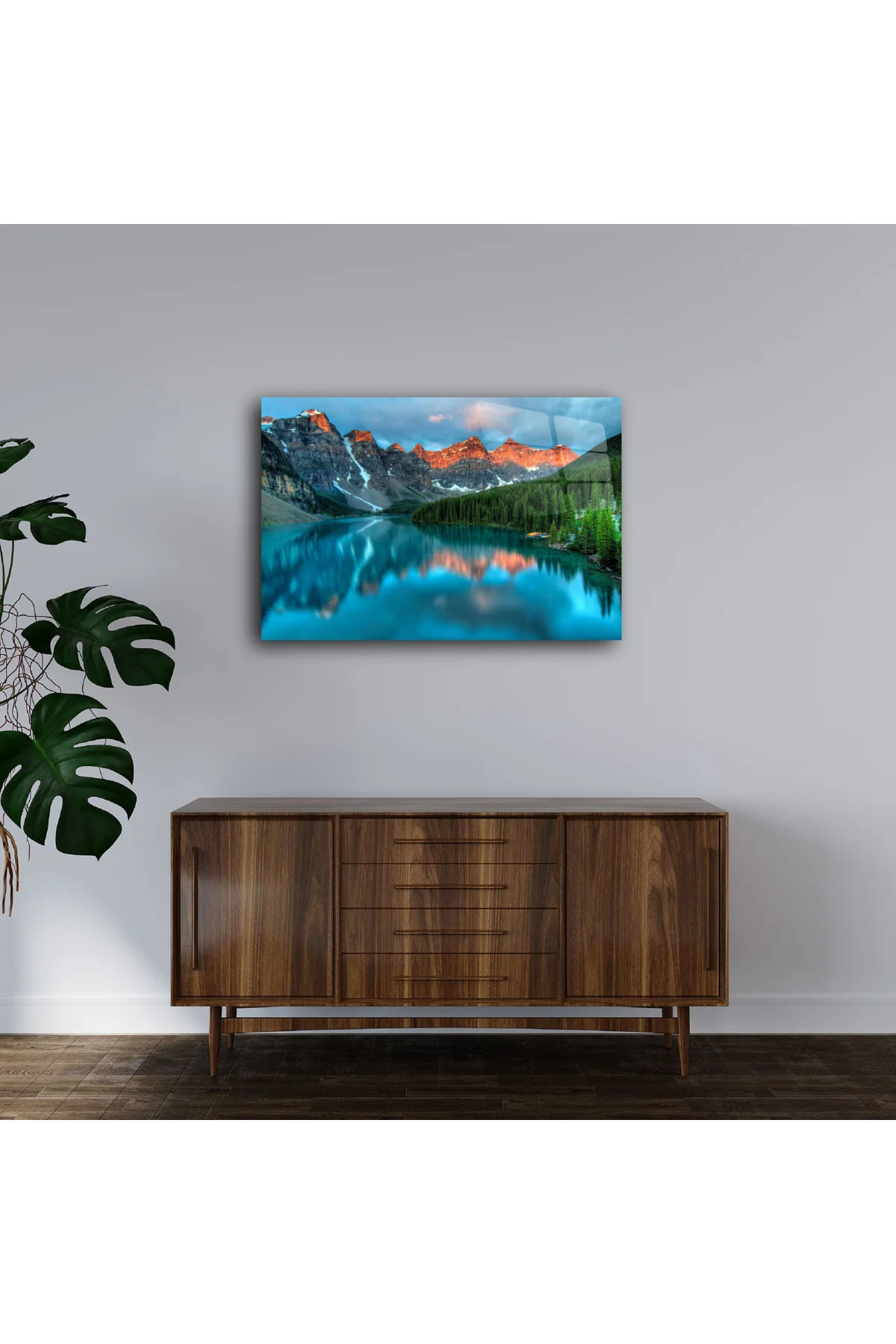 Dağ ve Göl Manzarası Cam Tablo Duvar Dekoru