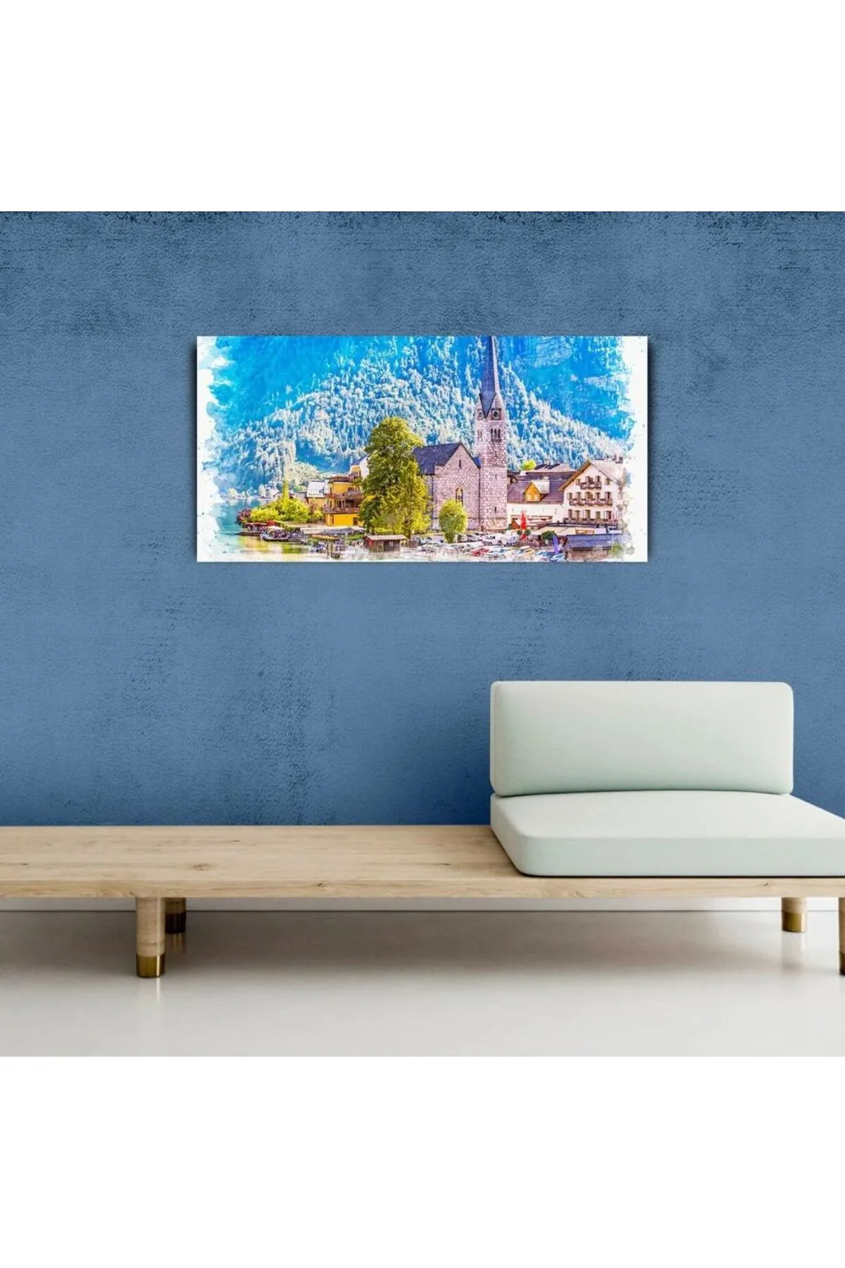 Dağ ve göl temalı Kasaba Yağlıboya Görünümlü Kanvas Tablo 60 x 120
