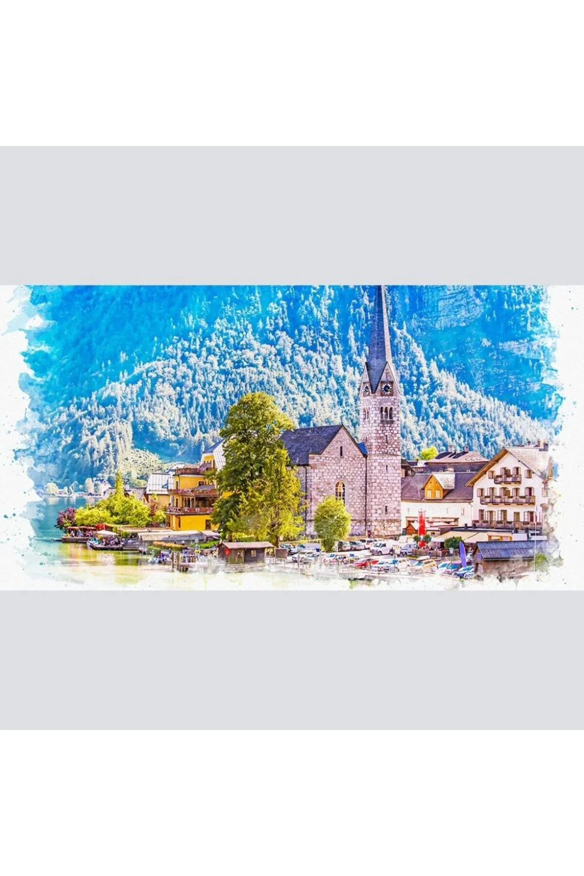 Dağ ve göl temalı Kasaba Yağlıboya Görünümlü Kanvas Tablo 60 x 120