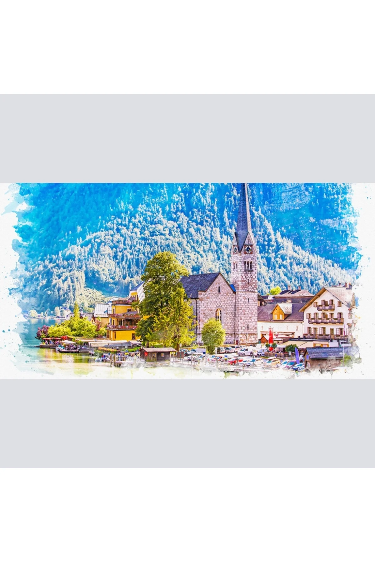 Dağ ve göl temalı Kasaba Yağlıboya Görünümlü Kanvas Tablo 60 x 12