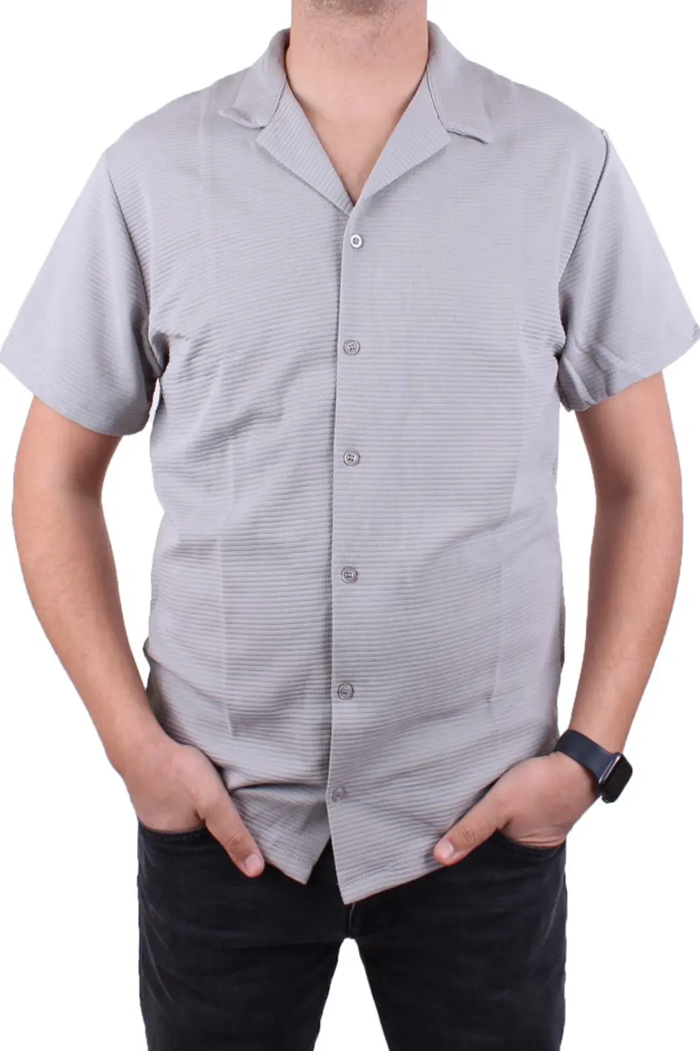 Dagoster DMG23-199598 Gri Ottoman Örme Apaj Yaka Oversize Kalıp K