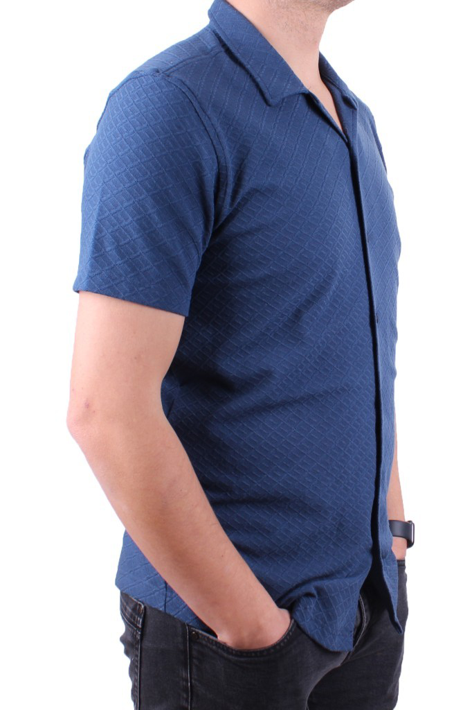 Dagoster  Dmg23-118381 İndigo Örme Apaj Yaka Dar Kalıp Kısa Kol Er