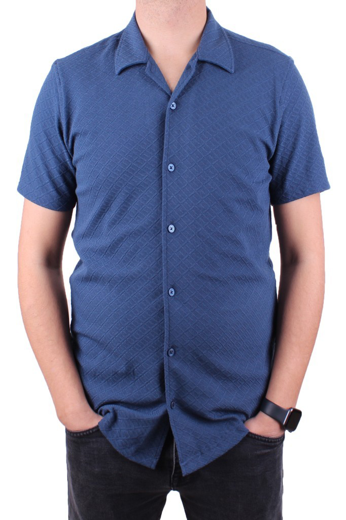 Dagoster  Dmg23-118381 İndigo Örme Apaj Yaka Dar Kalıp Kısa Kol Er