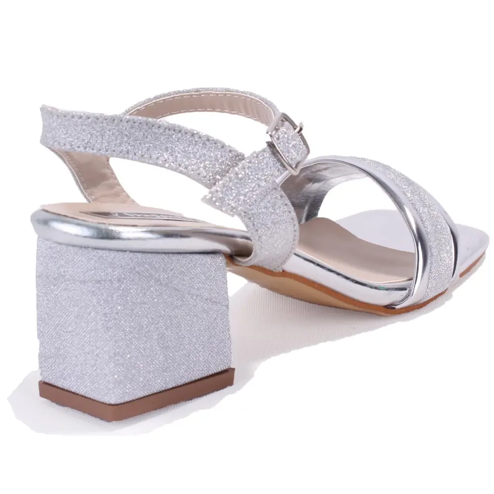 Dagoster DZA07-12531223 Gümüş Simli Kalın Topuklu Abiye Kadın Aya