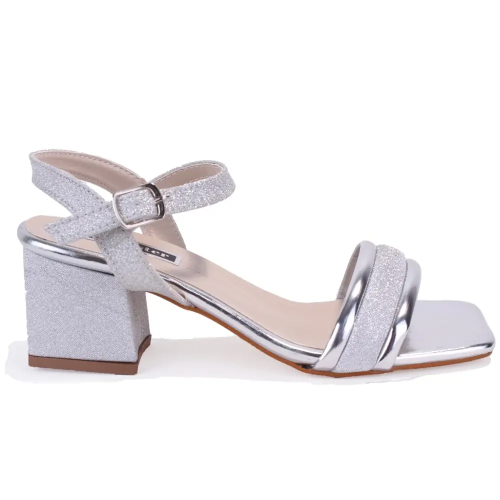 Dagoster DZA07-12531223 Gümüş Simli Kalın Topuklu Abiye Kadın Aya