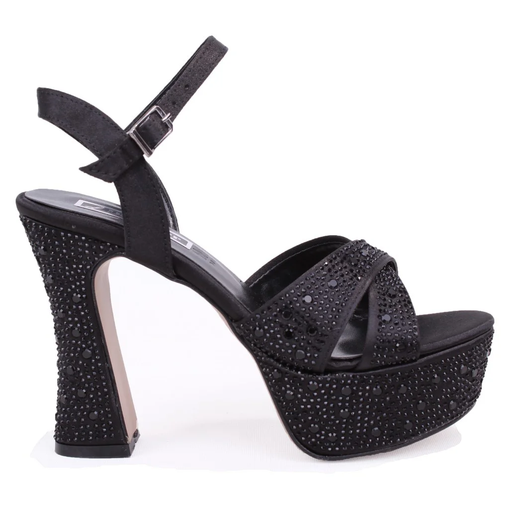 Dagoster DZA07-771900 Siyah Saten Çapraz Bant 12 cm Kalın Topuklu