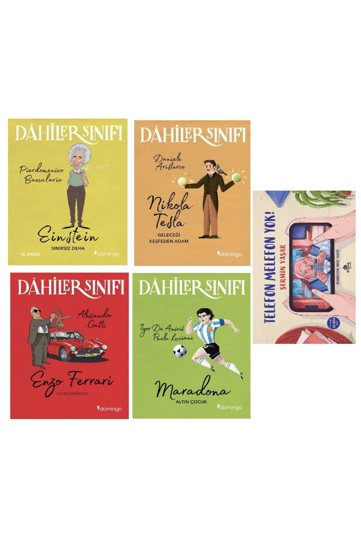 dahiler sinifi einstein+nikola tesla+enzo ferrari+maradona+telefon melefon yok(5 kitap)