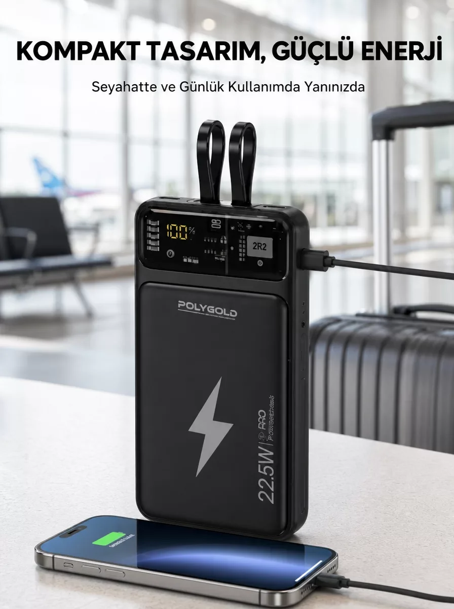 Dahili Ekranlı 10000 mAh Powerbank - Yeni Nesil Çift Kablolu Hızlı Şarj
