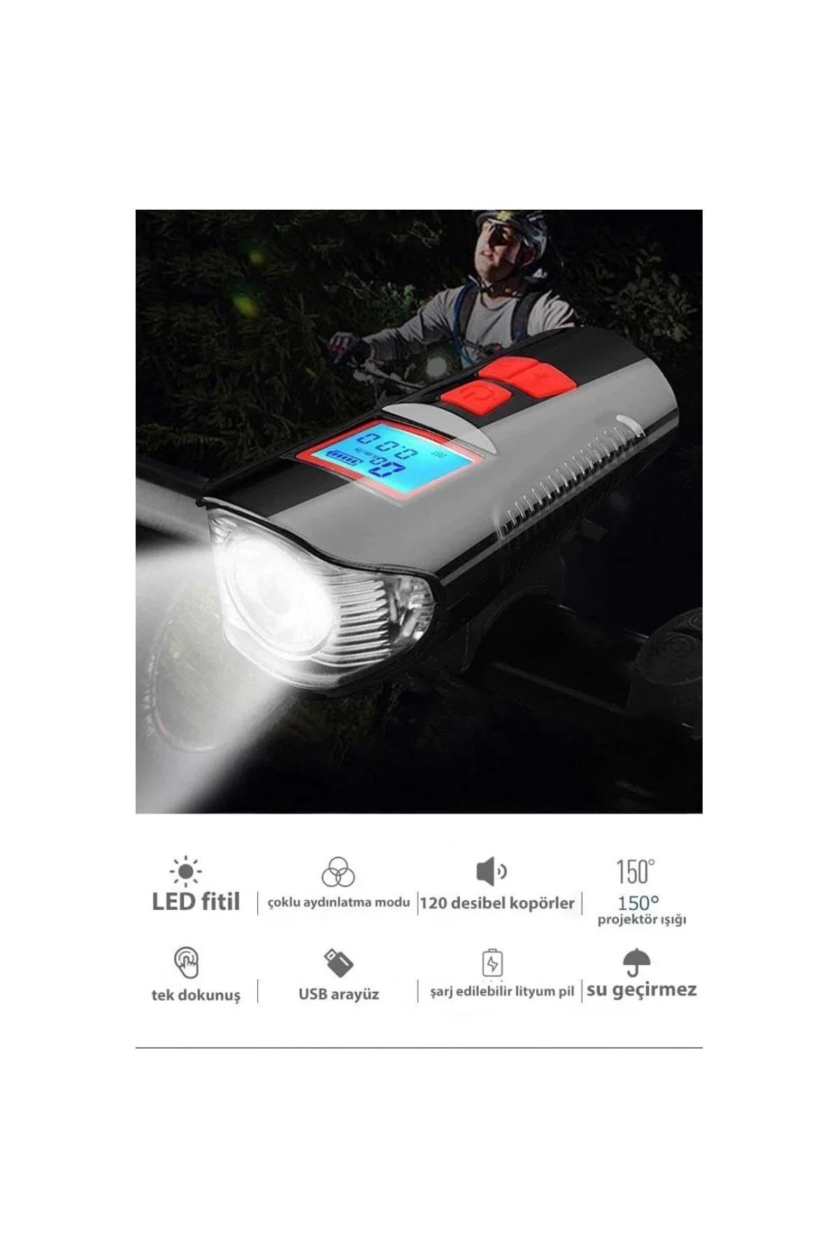 DailyTech Bisiklet Işık Korna LCD Hız Göstergesi Su Geçirmez Fene