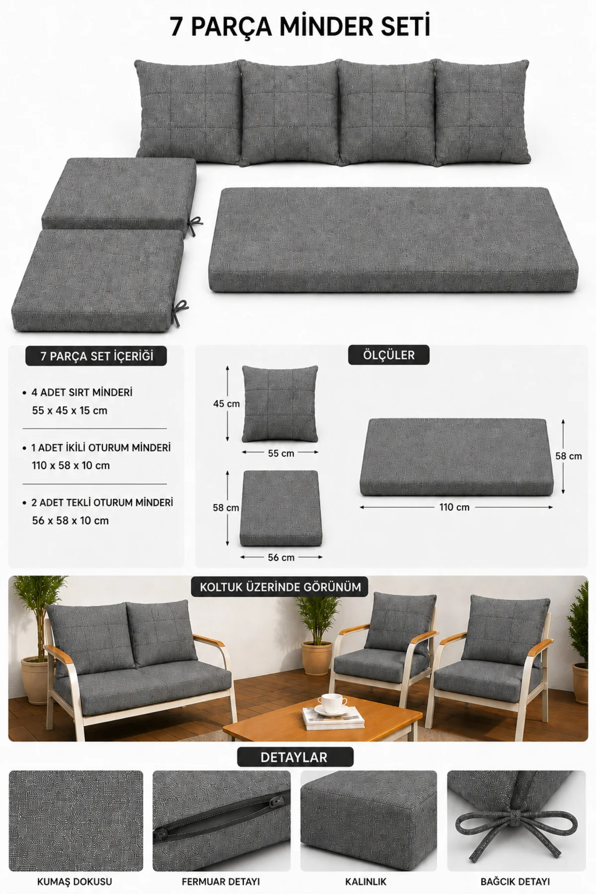 Daisy 211 Gri 7 Parça Balkon Bahçe Mobilyası Minder Seti Fermuarlı Süngerli