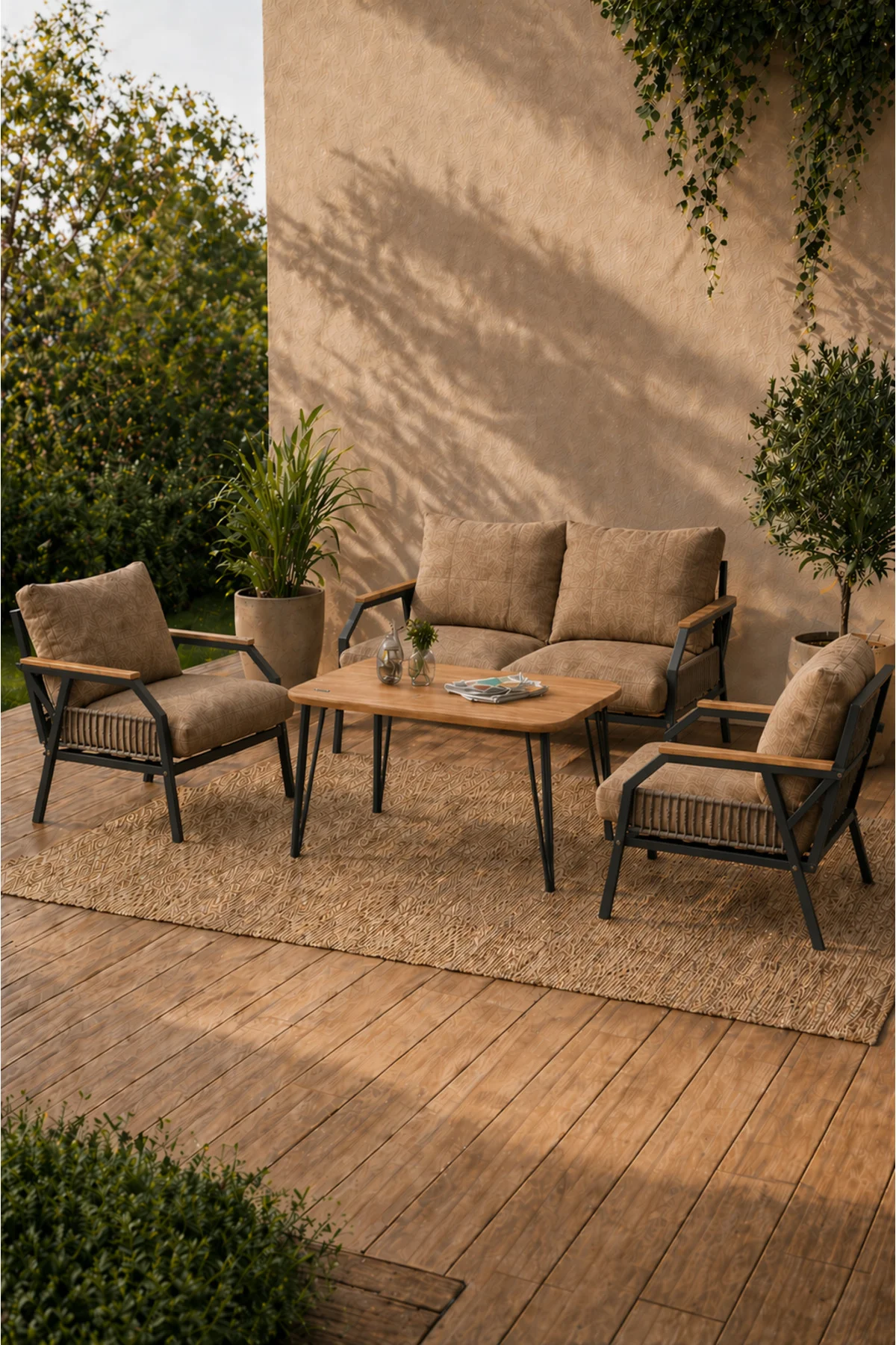 Daisy Antrasit 2+1+1 Masalı Kahverengi Bahçe Balkon Takımı Makrom