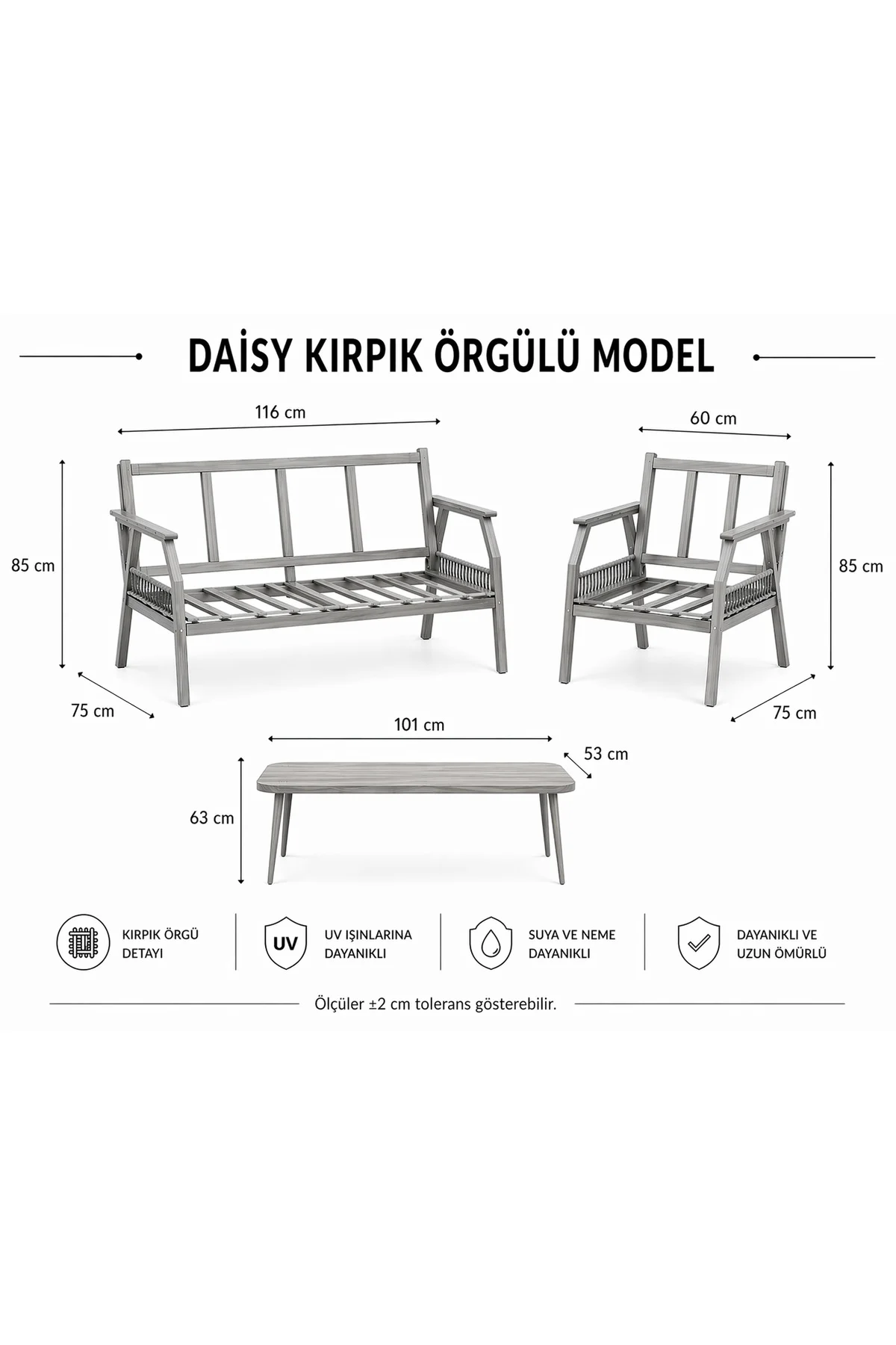 Daisy Cappuccino Bej Makrome Örgülü 2+1+1 Masalı Bej Bahçe & Balkon Takımı