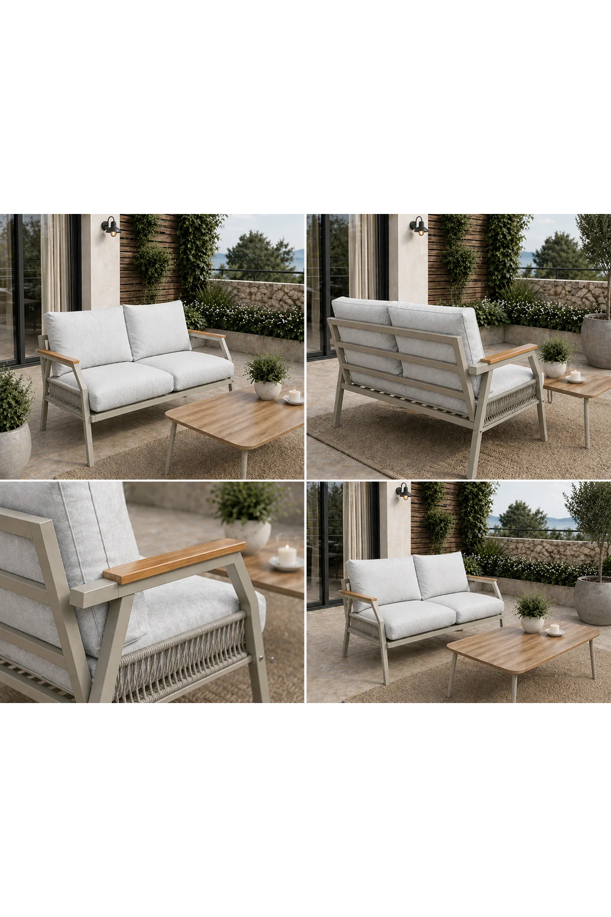 Daisy Cappuccino Bej Makrome Örgülü 2+1+1 Masalı Bej Bahçe & Balkon Takımı