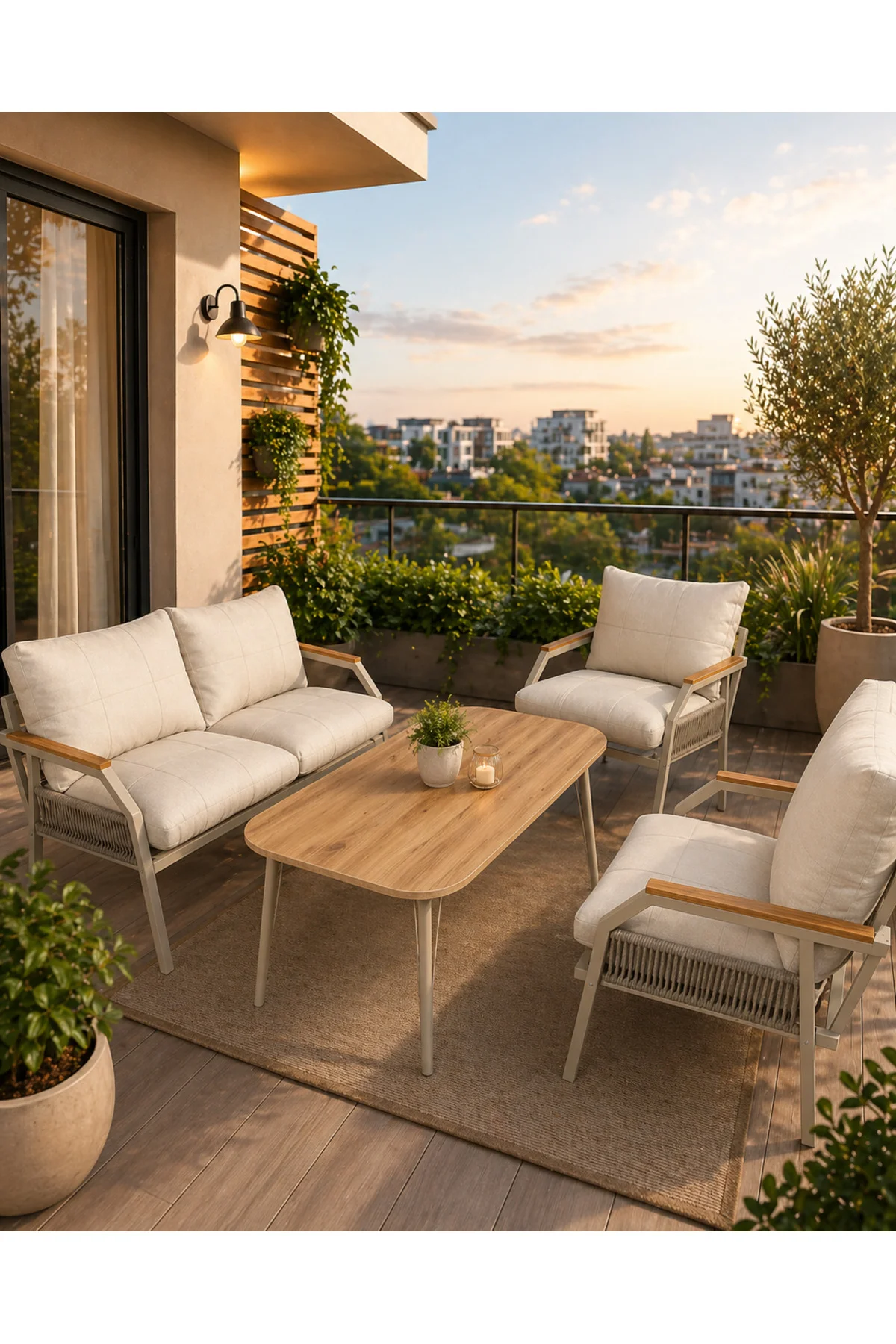 Daisy Cappuccino Bej Makrome Örgülü 2+1+1 Masalı Bej Bahçe & Balkon Takımı