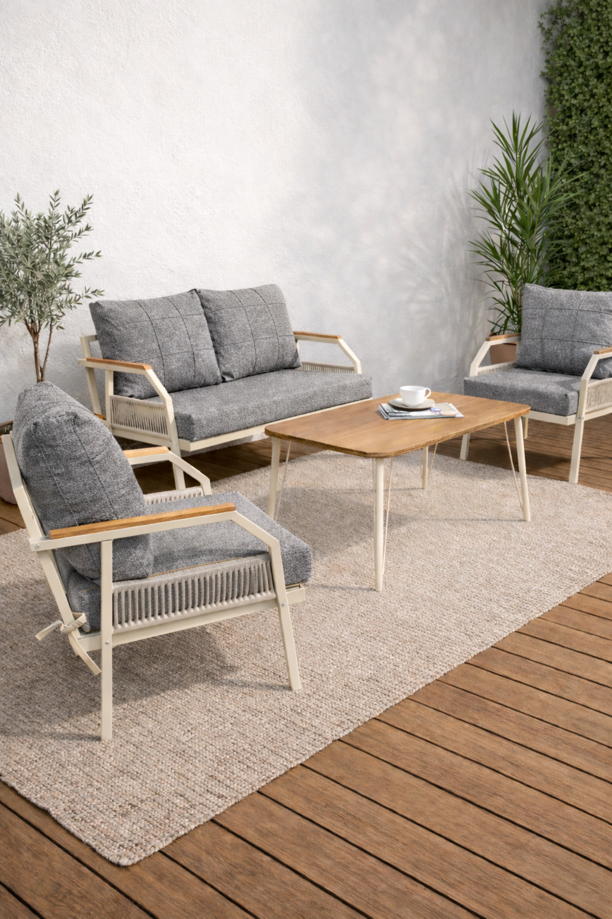 DAİSY Krem 211 Masalı Gri Bahçe Mobilya Seti Balkon Teras Oturma 