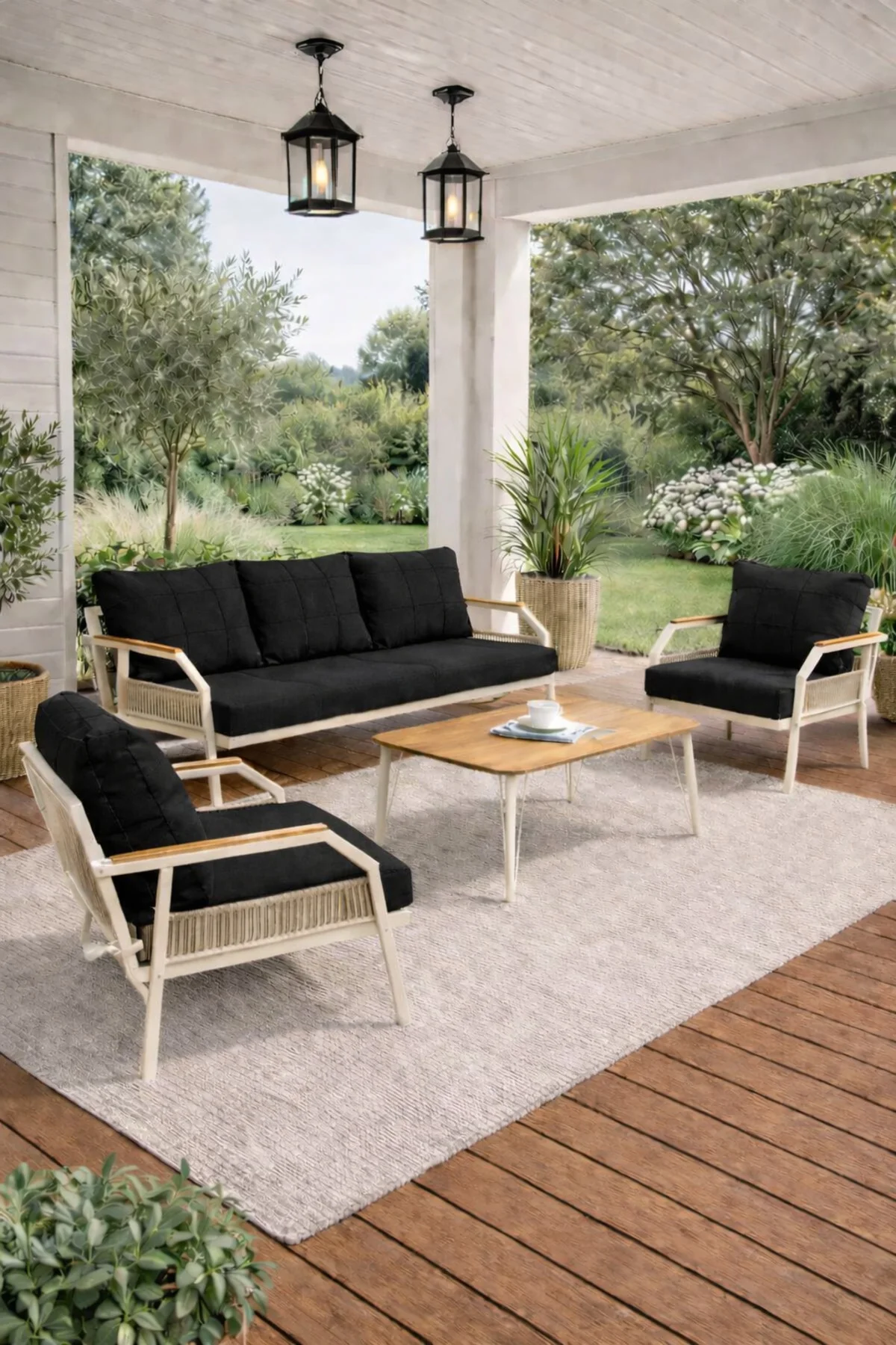 Daisy Krem 3+1+1 Masalı Siyah Bahçe Oturma Grubu Balkon Teras Tak
