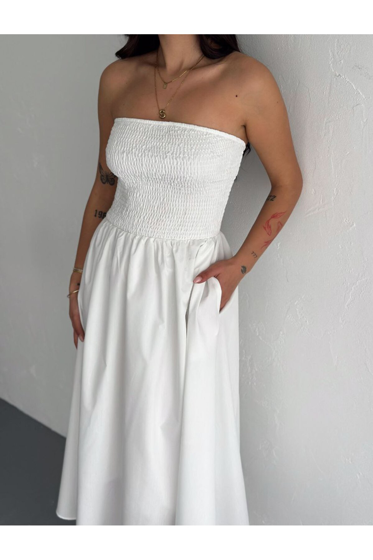 Fiolin Dakron Ekru Straplez Elbise