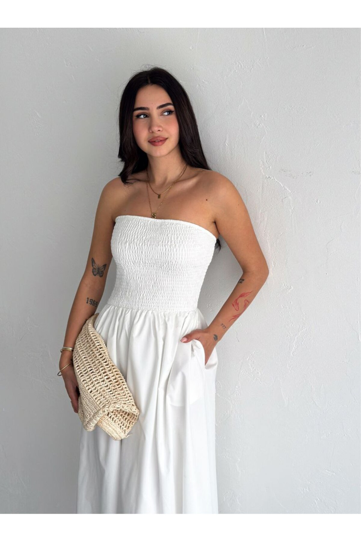 Fiolin Dakron Ekru Straplez Elbise