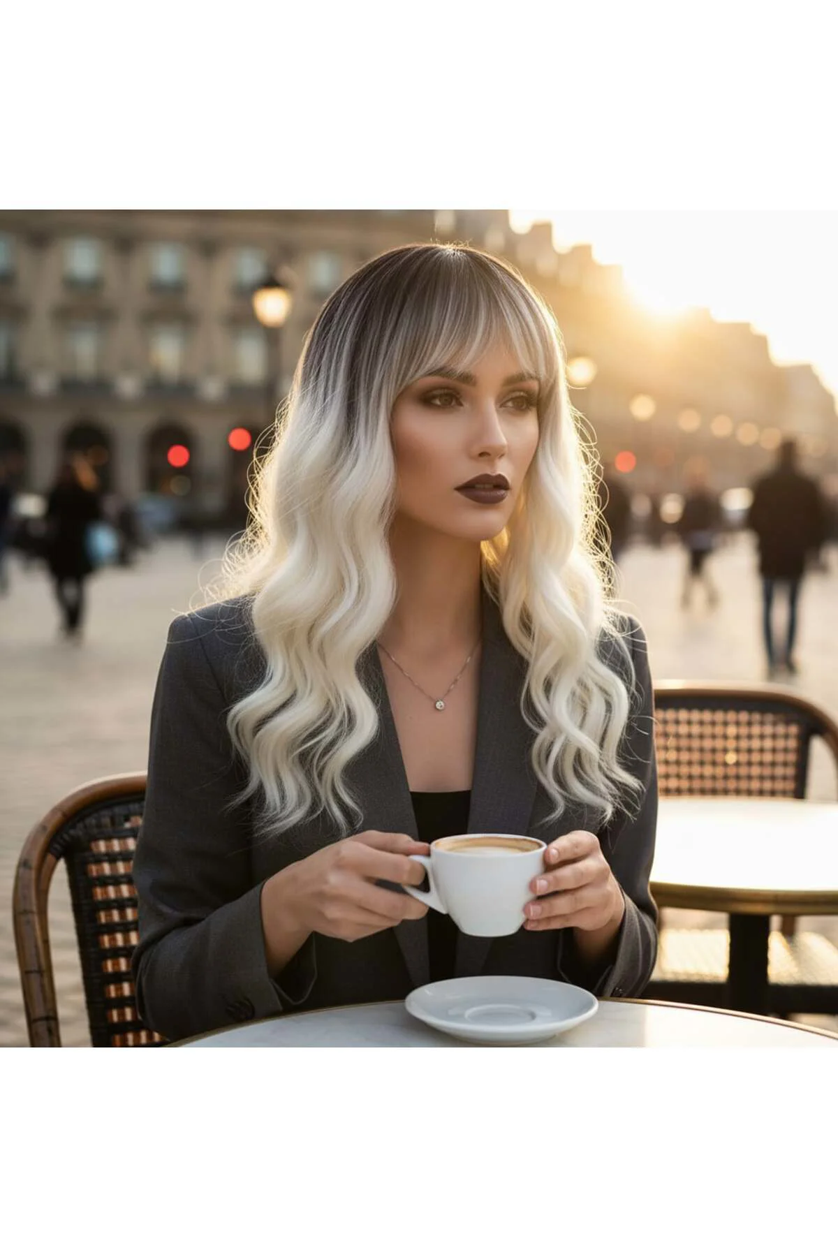 Dalgalı Kısa Perçemli Fiber Sen Peruk / Kahve / Beyaz Platin Ombr