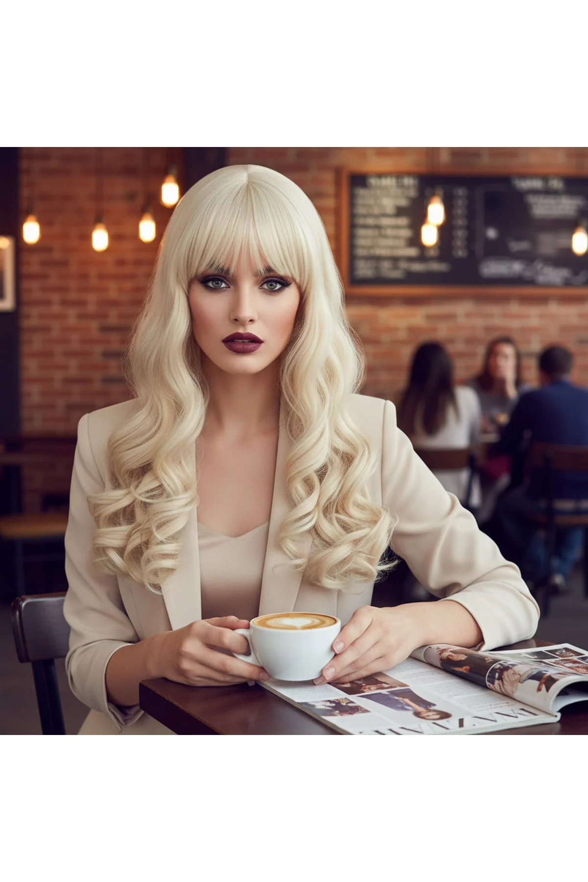 Dalgalı Perçemli Uzun Fiber Sentetik Peruk / Platin