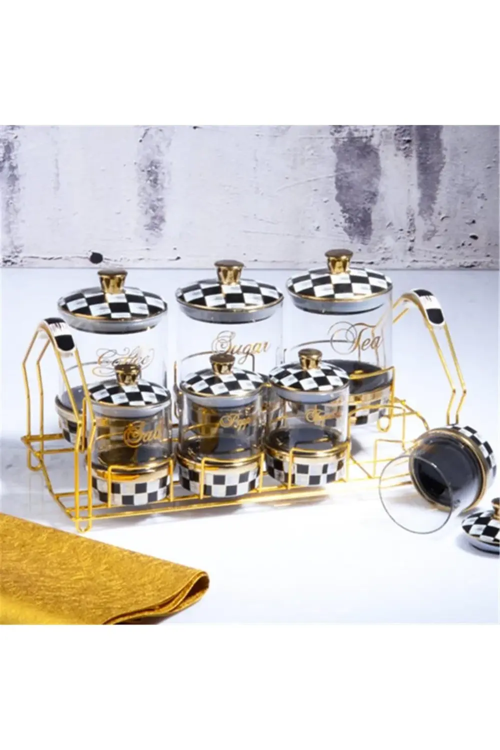 Damalı Porselen Cm 7 Parçalı Gold Standlı  Baharatlık