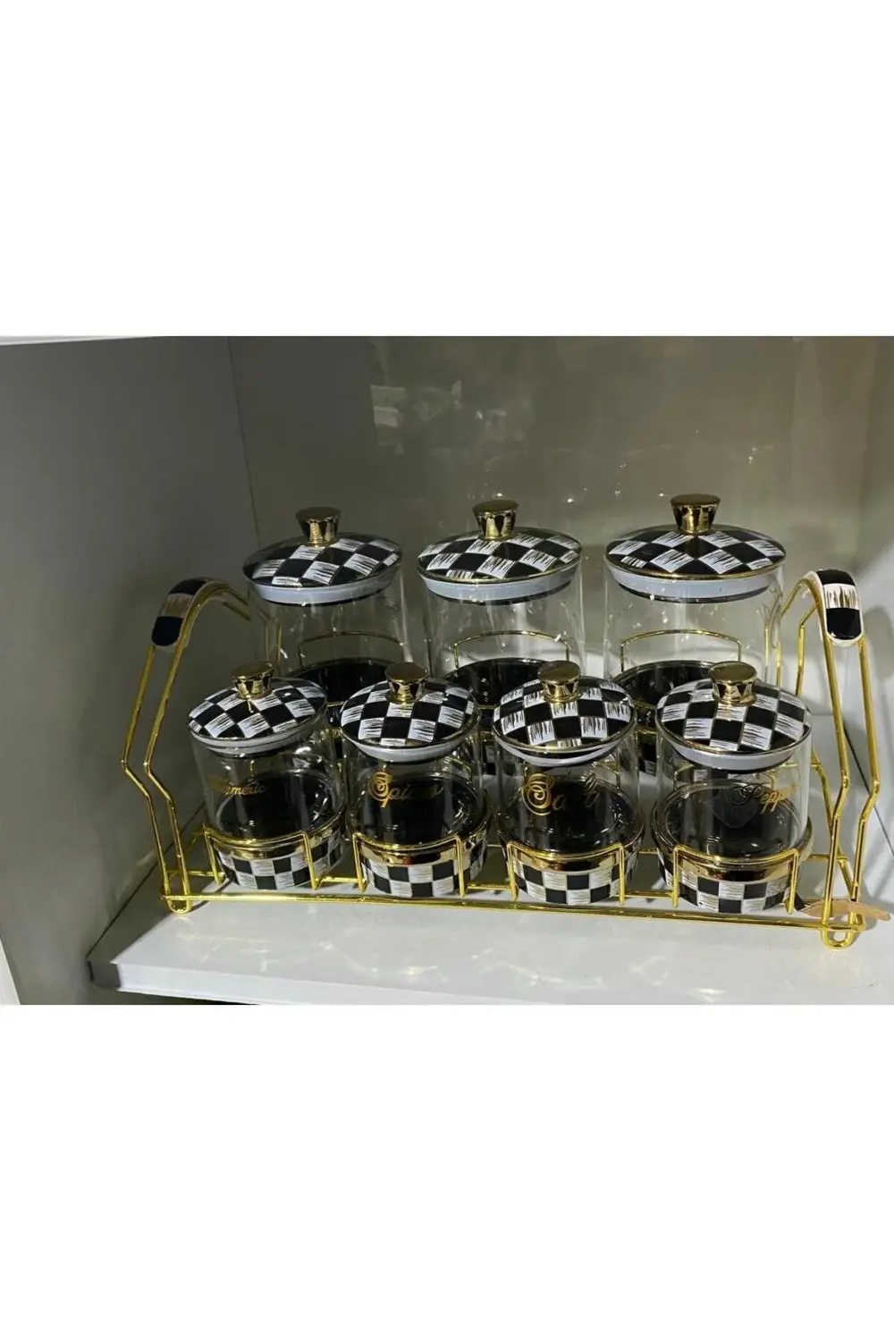 Damalı Porselen Cm 7 Parçalı Gold Standlı  Baharatlık