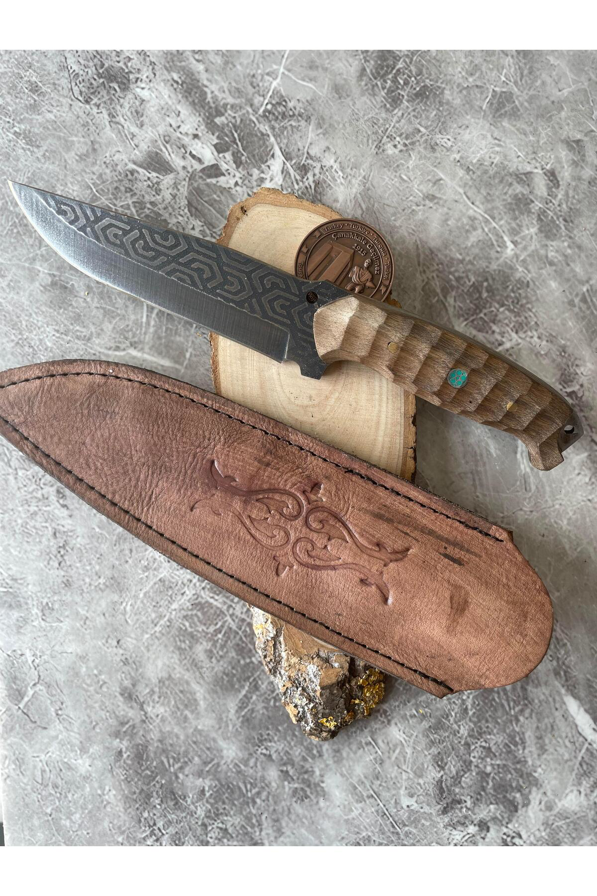 Damascus Desenli Kamp ve Av Bıçağı – Dramer Ceviz Kabze, Özel Kıl