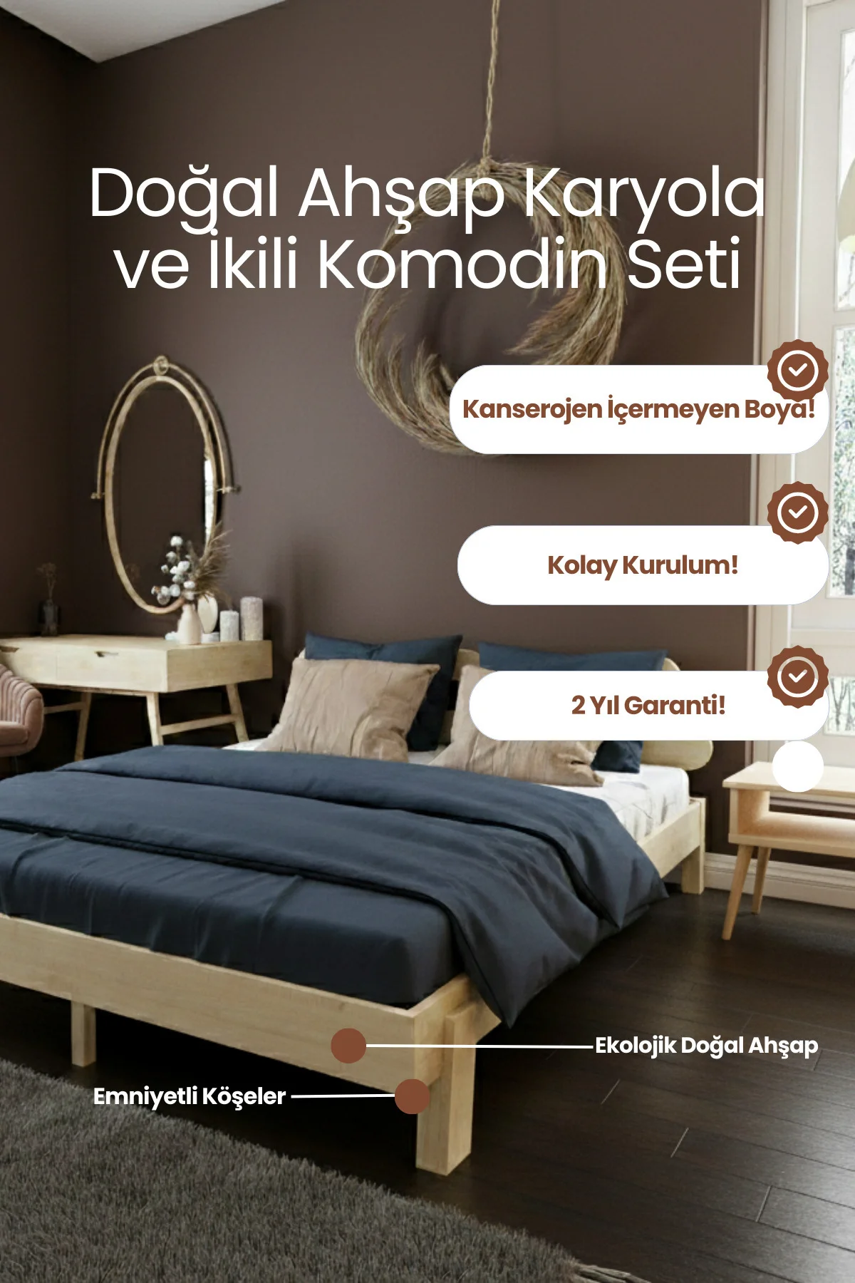 Damla 2'li Başlıklı Doğal Masif Ahşap Karyola ve İki Adet Komodin Seti - Kademeli Başlık Tasarımlı Fiyatı, Yorumları ve Özellikleri
